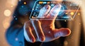 Futuristic touch screen interface technology innovation hand interacting with glowing digital display data Royalty Free Stock Photo