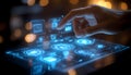 Futuristic Touchscreen Interface with Hand Interacting, Glowing Blue Royalty Free Stock Photo