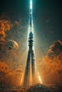 Futuristic tower on alien planetary system, digital painting, concept illustration