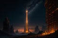 Futuristic Tower in Golden Alien Landscape