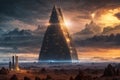 Futuristic Tower in Golden Alien Landscape