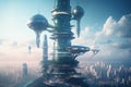 futuristic tower, surrounded by futuristic cityscape and flying vehicles