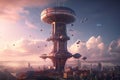 futuristic tower, surrounded by futuristic cityscape, with flying cars in the sky