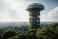 futuristic tower, surrounded by lush greenery, with a glimpse of the sky above