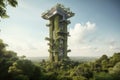 futuristic tower, surrounded by lush greenery, with a glimpse of the sky above