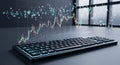 Futuristic trading keyboard with glowing graph overlay and abstract digital data elements Royalty Free Stock Photo