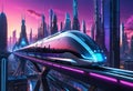 Futuristic train on aerial rails. Generative AI Royalty Free Stock Photo