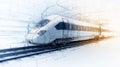 A futuristic train design set in a dynamic architectural blueprint, showcasing modern transportation innovation and engineering Royalty Free Stock Photo