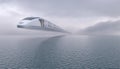 Futuristic train flies over the surface of the water on an air route. Flying transport of the future. Environmentally friendly