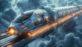 A futuristic train is flying through the sky by AI generated image Royalty Free Stock Photo