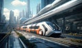 The futuristic train glides through the intersection of the towering city