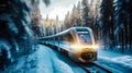 Futuristic train journey through frozen forest - generative ai