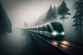 Futuristic Train Running Trough Foggy Forest - Generative AI