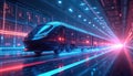Futuristic train speeds through digital tunnel with neon lights. Data streams flow past server racks. Represents fast info Royalty Free Stock Photo