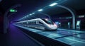 Futuristic train station features a sleek, streamlined high-speed train with a