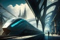 Futuristic train station with high-speed trains arriving and departing in a bustling metropolis