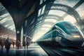 Futuristic train station with high-speed trains arriving and departing in a bustling metropolis