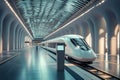 A futuristic train station with sleek autonomous bullet trains and interactive ticketing kiosks Royalty Free Stock Photo