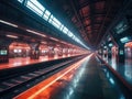 Futuristic train station with sleek trains neon lights