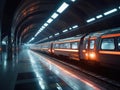 Futuristic train station with sleek trains neon lights