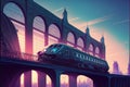 Futuristic train traversing railway and bridge in abandoned urban setting. illustration painting Royalty Free Stock Photo