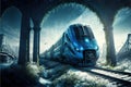 Futuristic train traversing railway and bridge in abandoned urban setting. illustration painting Royalty Free Stock Photo