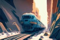 Futuristic train traversing railway and bridge in abandoned urban setting. illustration painting Royalty Free Stock Photo