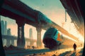 Futuristic train traversing railway and bridge in abandoned urban setting. illustration painting Royalty Free Stock Photo