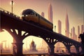 Futuristic train traversing railway and bridge in abandoned urban setting. illustration painting Royalty Free Stock Photo