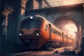 Futuristic train traversing railway and bridge in abandoned urban setting. illustration painting Royalty Free Stock Photo