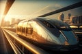 Futuristic tram riding against blurred cityscape background. Generative AI Royalty Free Stock Photo