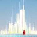 Futuristic translucent city skyline and red toy robot in blue grass. psychedelic 3d render