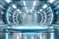 Futuristic Transparent Acrylic Podium, front view focus, with High-Tech Space Station Background, ideal for high-tech gadget