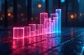 Futuristic transparent bar graph columns glow with neon pink, blue light. Digital display visualizes complex data analysis, Royalty Free Stock Photo