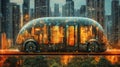A futuristic, transparent bus with an embedded cityscape design is parked against a backdrop,generativeAi
