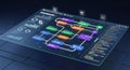 Futuristic transparent display shows complex network flow with colorful illuminated nodes Royalty Free Stock Photo