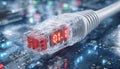 Futuristic transparent ethernet cable with glowing red digital display showing 01 01 binary code, clear plastic RJ45 Royalty Free Stock Photo