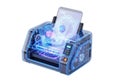 Futuristic transparent scanner with glowing blue lights processing documents seamlessly Royalty Free Stock Photo