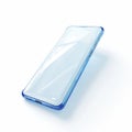 Futuristic transparent smartphone in clear blue protective case rendered. Modern mobile device shows sleek design, blank screen. Royalty Free Stock Photo