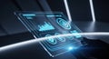Futuristic transparent tablet displaying data and analytics in a dark, high-tech environment Royalty Free Stock Photo
