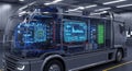 Futuristic transparent truck cab reveals advanced digital dashboard and intricate internal components Royalty Free Stock Photo
