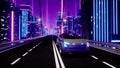 Futuristic transport car on highway in metaverse city. 3d render