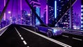 Futuristic transport car on highway in metaverse city. 3d render