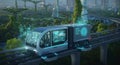 Futuristic transport system navigating an elevated railway through a digitally enhanced urban environment Royalty Free Stock Photo