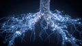 Futuristic tree roots formed from glowing digital circuits, visualization of biometric networks, data flow Royalty Free Stock Photo