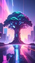 Futuristic Tree with Stone Trunk and Copper Circuit Branches