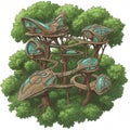 Futuristic treehouse complex with multiple pod-like structures interconnected by Royalty Free Stock Photo
