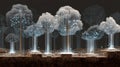 Futuristic trees with glowing roots and digital connections, a concept integrating nature and technology Royalty Free Stock Photo