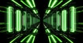 A futuristic, triangular corridor is illustrated in a 3D rendering, complete with a circular light situated at its core