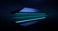 Futuristic triangular prism with glowing blue light floating on dark background in 3D digital art rendering Royalty Free Stock Photo